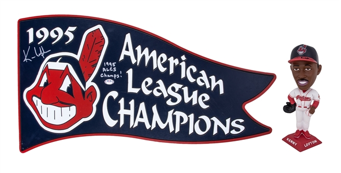 Lot of (2) Kenny Lofton Signed Cleveland Indians 1995 American League Champions Wood Sign & Bobblehead Figure (Lofton LOA & PSA/DNA)
